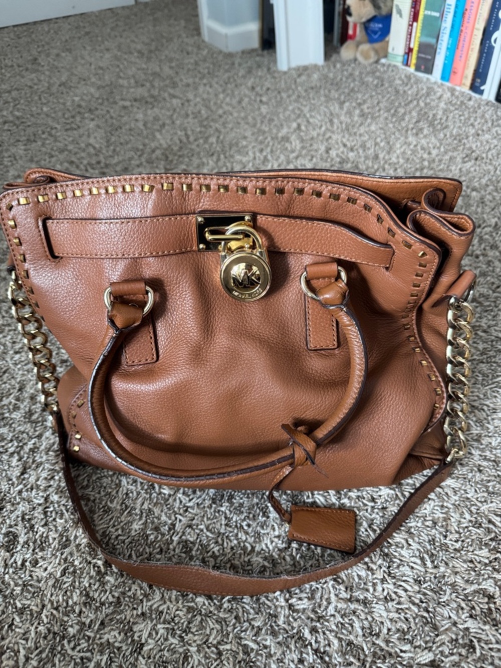 Michael Kors Cognac Leather Satchel with Gold Chain Accents